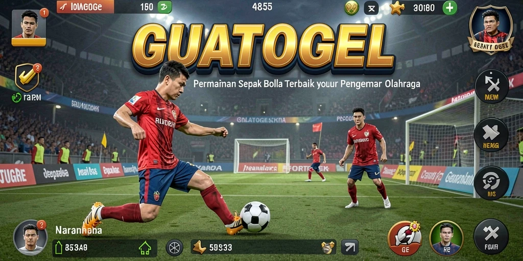 Antarmuka GUATOGEL menampilkan aksi seru sepak bola.