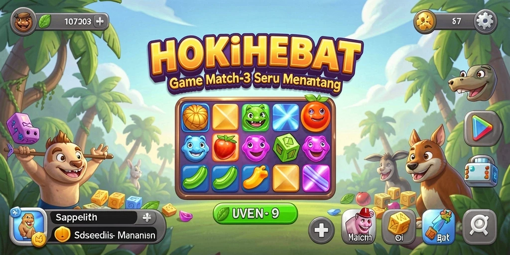 Screenshot gameplay HOKIHEBAT yang menggambarkan suasana seru permainan Match-3.