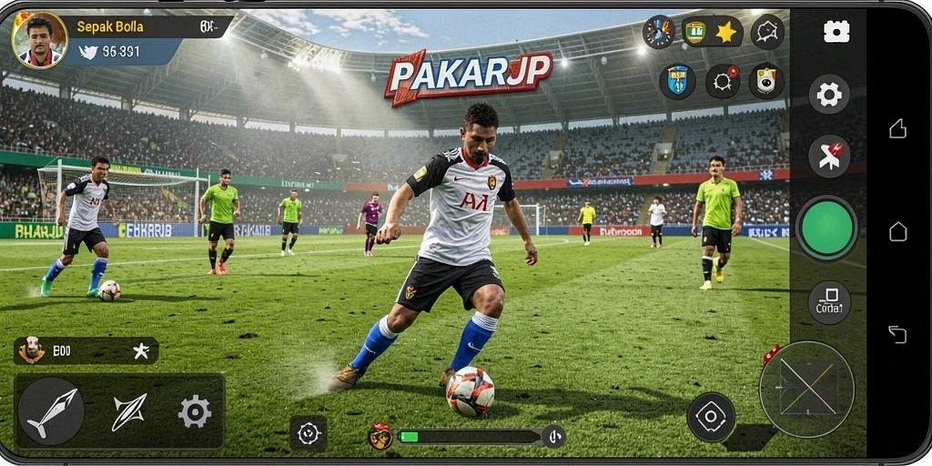 Screenshot menampilkan aksi gameplay sepak bola yang mendebarkan.